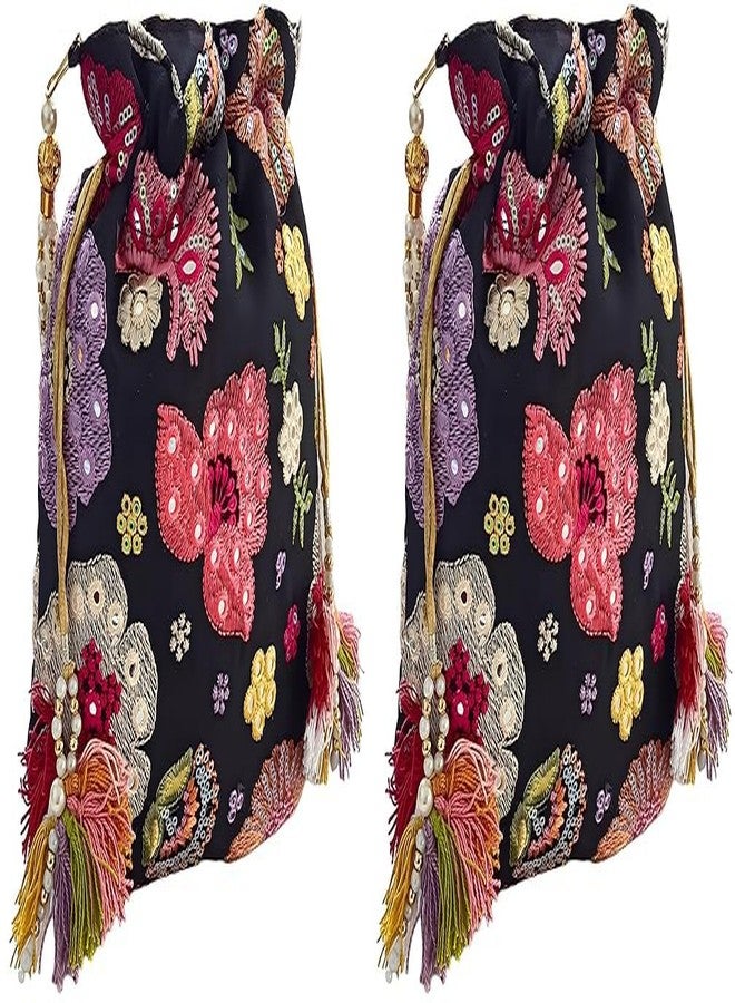 حقيبة دوقة نسائية سوداء متعددة الأزهار (عبوة من قطعتين)